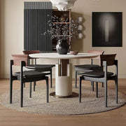 18''Mid Century Dining Chair Walnut Backrest Black Wood Frame Leather Seat